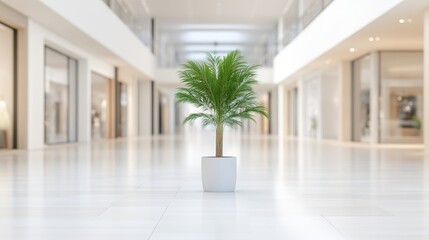 Empty mall interior with a single potted palm tree
