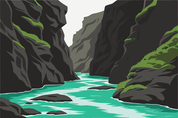Turquoise River in Canyon Stylized Graphic Illustration of Narrow Gorge with Steep Walls Nature Art