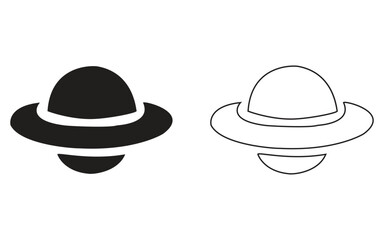 A black vector icon illustration set shows a cowboy hat and other hats, a stylish fashion accessory for the head