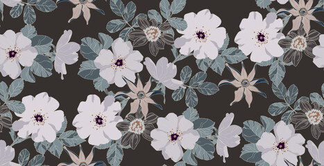 Mocha mousse color pattern of flowers and leaves, repeating pattern, artistic like wallpaper.	