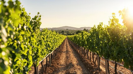 Obraz premium Community farm irrigation. Lush vineyard rows stretch toward the horizon under a clear sky.