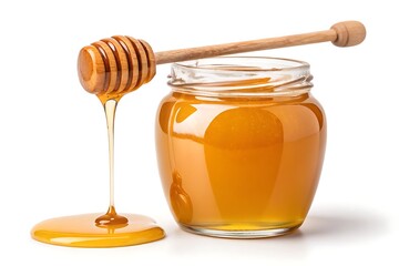 Honey jar filled with golden honey, wooden dipper dripping thick honey isolated on white