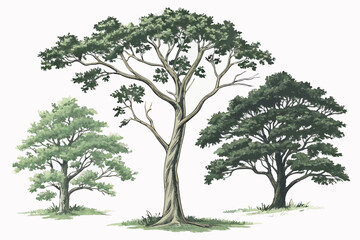 37 Watercolor trees, botanical illustration, side-by-side comparison, three different tree species, lush green foliage, distinct tree shapes, white background, realistic detail, nature study, environm