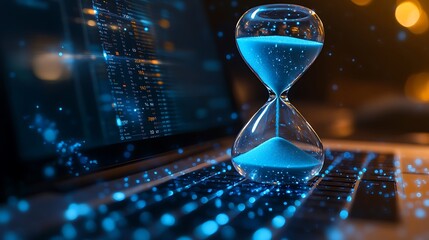 Glowing Hourglass on Laptop Keyboard, A glowing hourglass with blue sand sits on a laptop keyboard, symbolizing time and technology