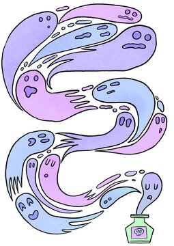 A Group of Illustrated Ghosts and Spirits Coming Out of a Jar