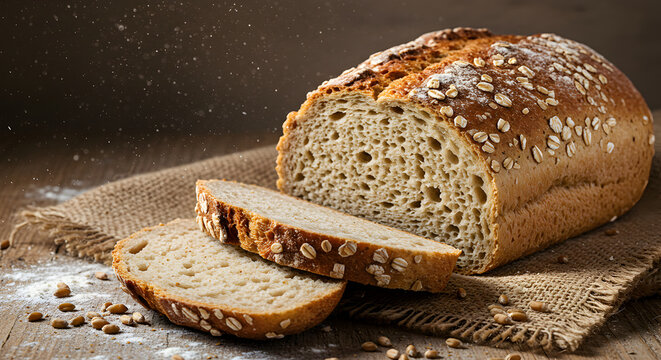 Artisanal Loaf Displaying Freshly Baked Sliced Bread on Rustic Setting