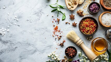 Spices, herbs and utensils arranged on a white marble surface