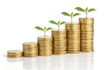 Gold Coins Stacked High with Seedlings Sprouting, White Background, Financial Growth