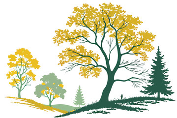 Obraz premium 38 Watercolor trees, vibrant yellow and green foliage, autumn colors, elegant cypress, maple tree, poplar tree, stylized vector illustration, botanical art, minimalist design, white background, isolat