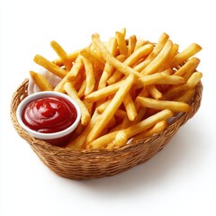 French fries with ketchup in basket on white background