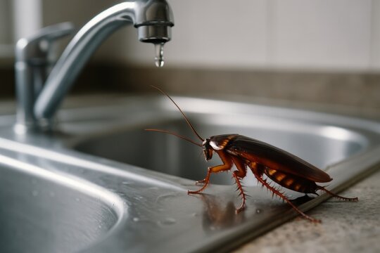 Close-up of cockroach on stainless steel sink near a leaking faucet. Represents hygiene issues, pest control, or contamination. Cockroach near kitchen sink with dripping tap

