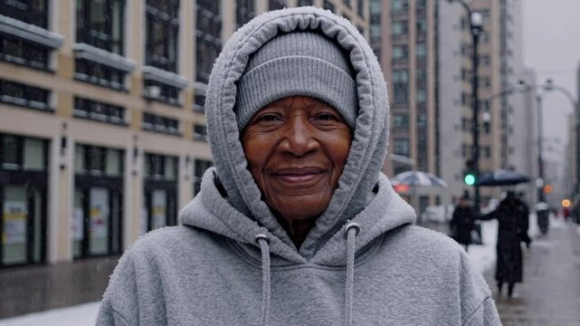 Happy African senior woman smiling in front of camera Elderly woman in the city wrapped up in a hood and thick clothes in the snow. African American woman