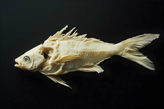 Fleshless fish skeleton displayed against a dark backdrop.