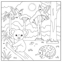 Fototapeta premium Australian wildlife coloring page featuring koala, echidna, cockatoos and nature background