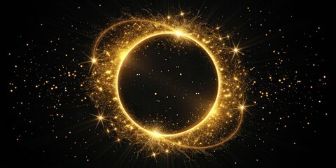 Golden Eclipse Sparkling Circle with Stars on Black, Abstract, Cosmic