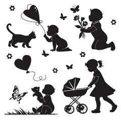 Cute Baby Silhouettes with Balloons Cats and Butterflies
