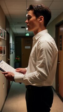 Nervous job candidate waiting in hallway holding resume  