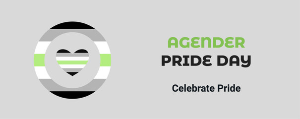 Agender Pride Day, 19th May, agender pride flag in a circle,  inside the heart shape. Vector banner for Agender Pride Day isolated on a light grey background.