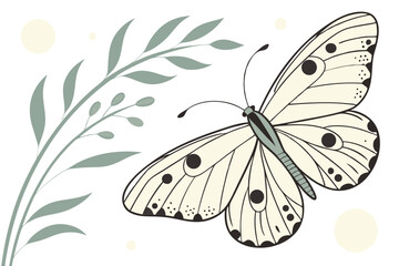 39 Delicate yellow butterfly, vibrant wings, minimalist design, white background, simple illustration, botanical art, green accents, black spots, light pastel colors, clean lines, nature-inspired, sci