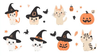 Naklejka premium Cute Halloween cats and pumpkins