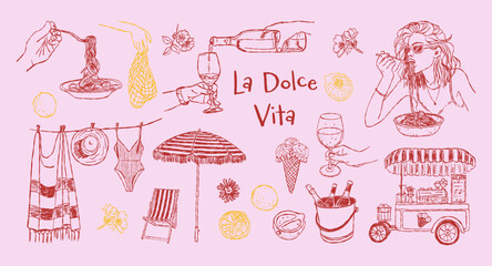 Hand-drawn Italian summer lifestyle illustration with pasta, wine, gelato cart, swimsuit, lemons, flowers, and woman eating spaghetti. La Dolce Vita theme in sketchy style for travel, food © Tasha