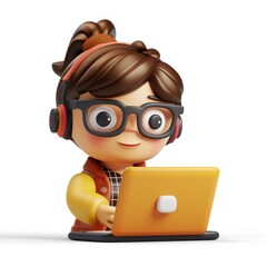 Smiling cartoon girl works on a laptop with headphones.
