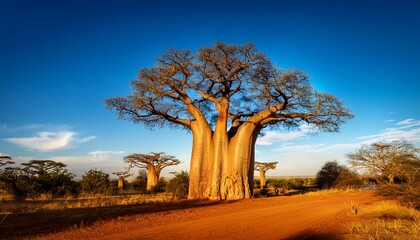 Obraz premium majestic baobabs soar into the sky spreading their mighty branches that resemble roots creating a striking silhouette against the endless landscape