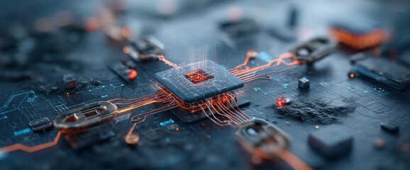 Futuristic circuit board with glowing processor and connected chains. Orange light streaks across the surface. Tech concept