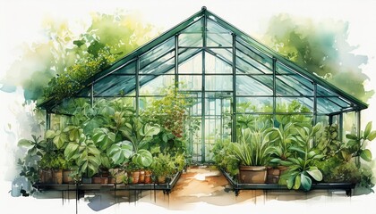 Fototapeta premium lush greenhouse with healthy plants in watercolor art concept of sustainable gardening eco friendly practices organic growth