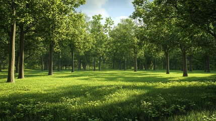 Obraz premium A serene green landscape featuring sunlight-drenched trees and lush grass, perfect for relaxation and nature lovers.