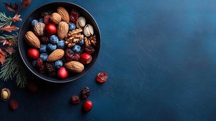 Flat lay of a bowl of nuts and berries on a dark blue background. the bowl is black and is filled with a variety of nuts, including almonds, walnuts, blueberries, and cranberries.