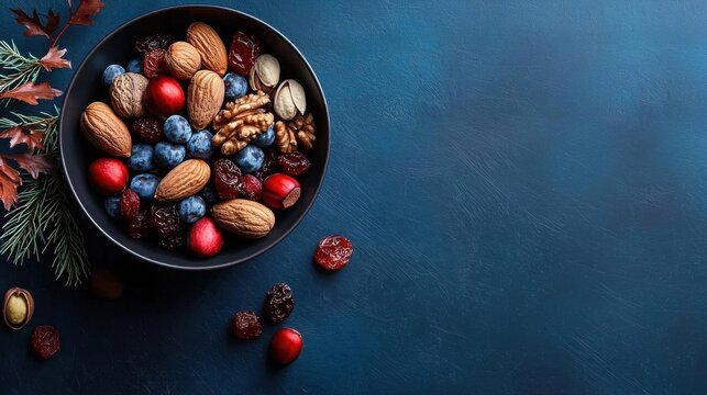 Flat lay of a bowl of nuts and berries on a dark blue background. the bowl is black and is filled with a variety of nuts, including almonds, walnuts, blueberries, and cranberries.
