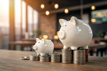 Two White Ceramic Piggy Banks on Stacks of Coins, Wooden Surface, Soft Lighting, Indoors