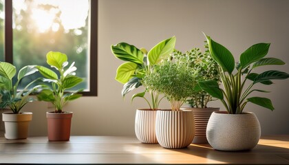 Obraz premium indoor plants with small leaves in decorative containers in a beautiful residence air purifying plants