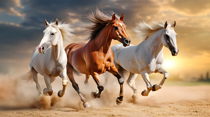 Obraz premium Three horses are running in the desert with a sunset in the background.