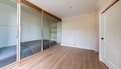 Obraz premium a bright unfurnished bedroom with a large built in wardrobe with glass doors