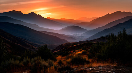 A golden-orange sunset over a quiet mountain landscape, with a soft light illuminating the valleys and peaks.