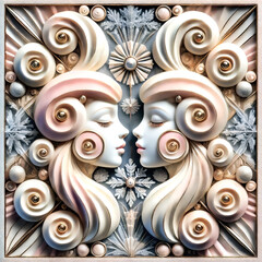 Two symmetrical, stylized female faces with flowing, sculpted hair and pearl-like ornaments are framed by snowflakes and intricate floral patterns in a pastel, elegant, and surreal composition.