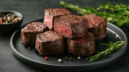 Rare beef medallions stacked with garnishes on gourmet plate.
