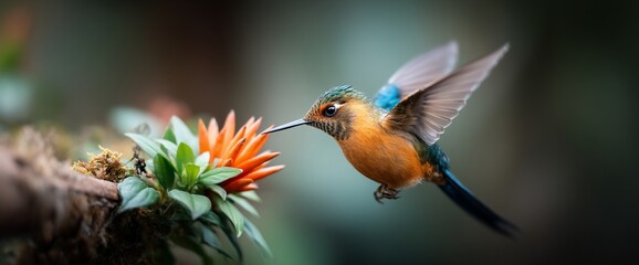 Fototapeta premium Tiny hummingbird in flight, visiting an orange flower, wings spread. Vibrant colors, blurred background