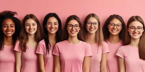Diverse women smiling pink background.