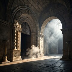 Mystic Arches Stone Hallway with Fog and Sunlight, architecture , fantasy