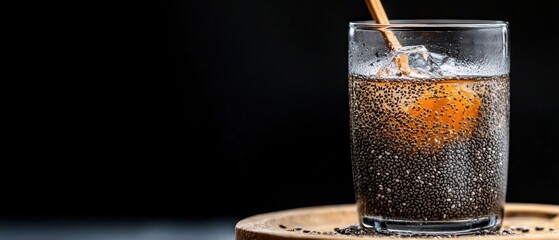 Close-up of a glass of a drink. the glass is filled with a dark-colored drink and has ice cubes floating in it.