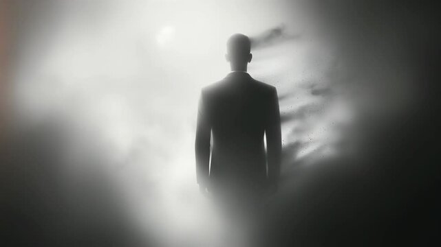 Figure in the mist: the silhouette of a person disappears in the haze, symbolizing loneliness and alienation