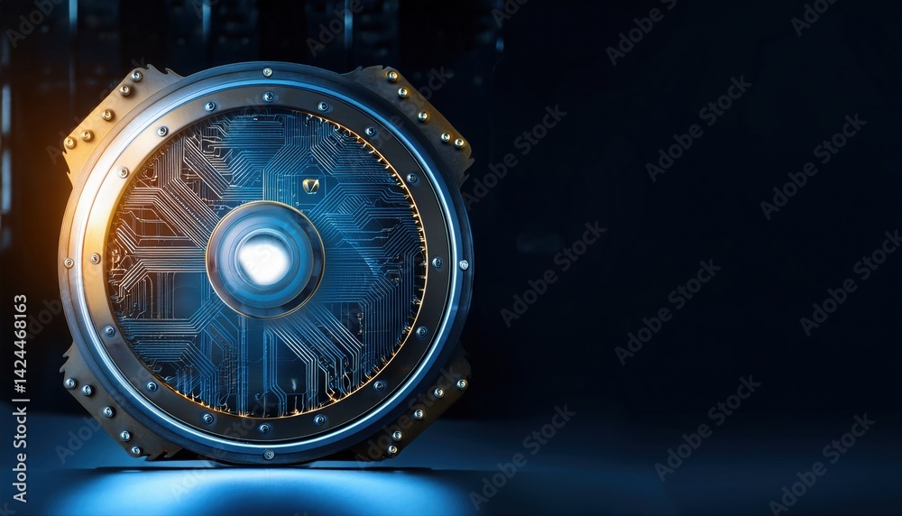 Poster close-up of a futuristic digital security device with circuit patterns and glowing elements highligh