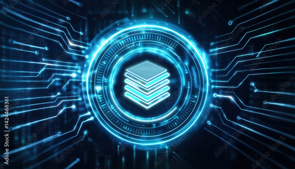 Poster futuristic digital technology interface with glowing circular hologram and circuit lines representin