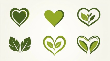 Green heart leaf logos; nature, health, eco design