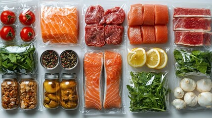 Fresh, pre-portioned, vacuum-sealed, gourmet food selections.  Variety of proteins, vegetables, and condiments. Ideal for meal prep, convenience, and healthy eating