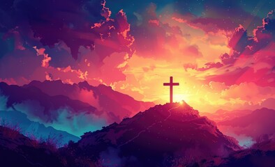 Fototapeta premium Majestic Cross at Sunset Inspirational Mountain Peak View with Dramatic Sky for Travel and Spiritual Retreats