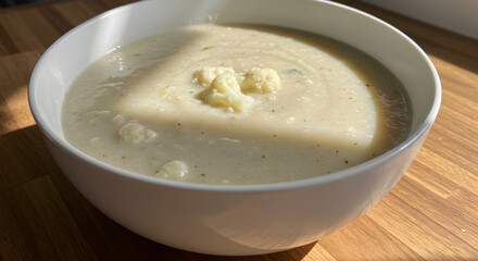 Creamy Cauliflower Soup In White Bowl On Wooden Surface